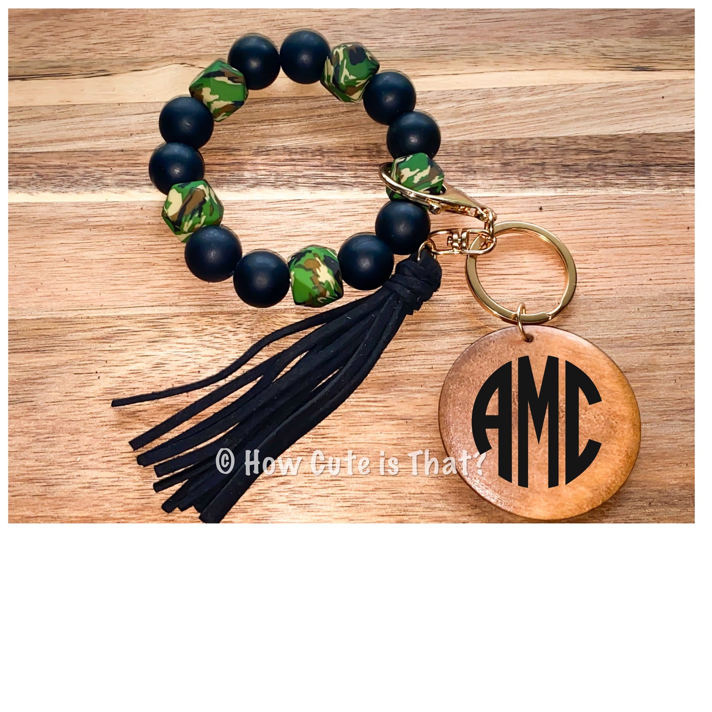 Personalized Camouflage and Black Silicone Beaded Bracelet Keychain