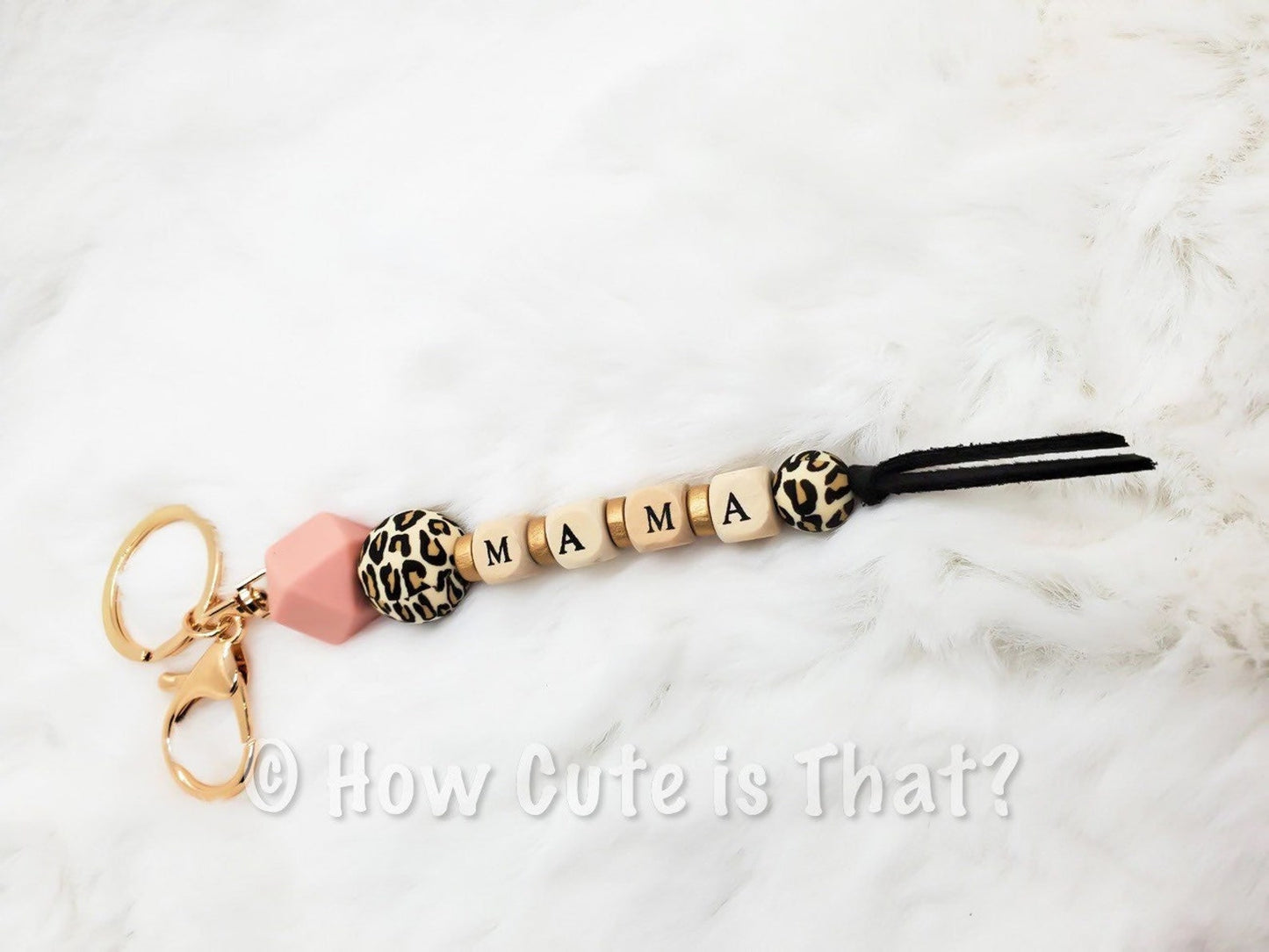 Mama Leopard and Blush Beaded Keychain