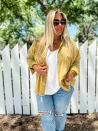 S Women’s oversized distressed denim shacket with button front, chest pockets and raw frayed hem