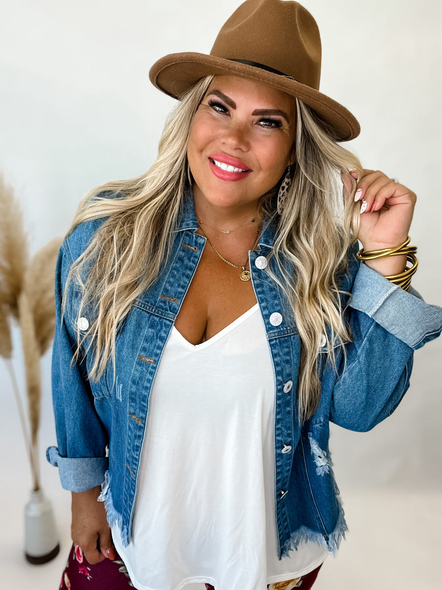CHEYENNE DISTRESSED DENIM JACKET Shacket-How Cute is That? Boutique