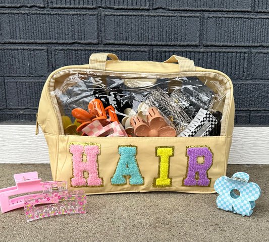 Chenille Letter Nylon HAIR Bag PVC Clear Zipper Pouches