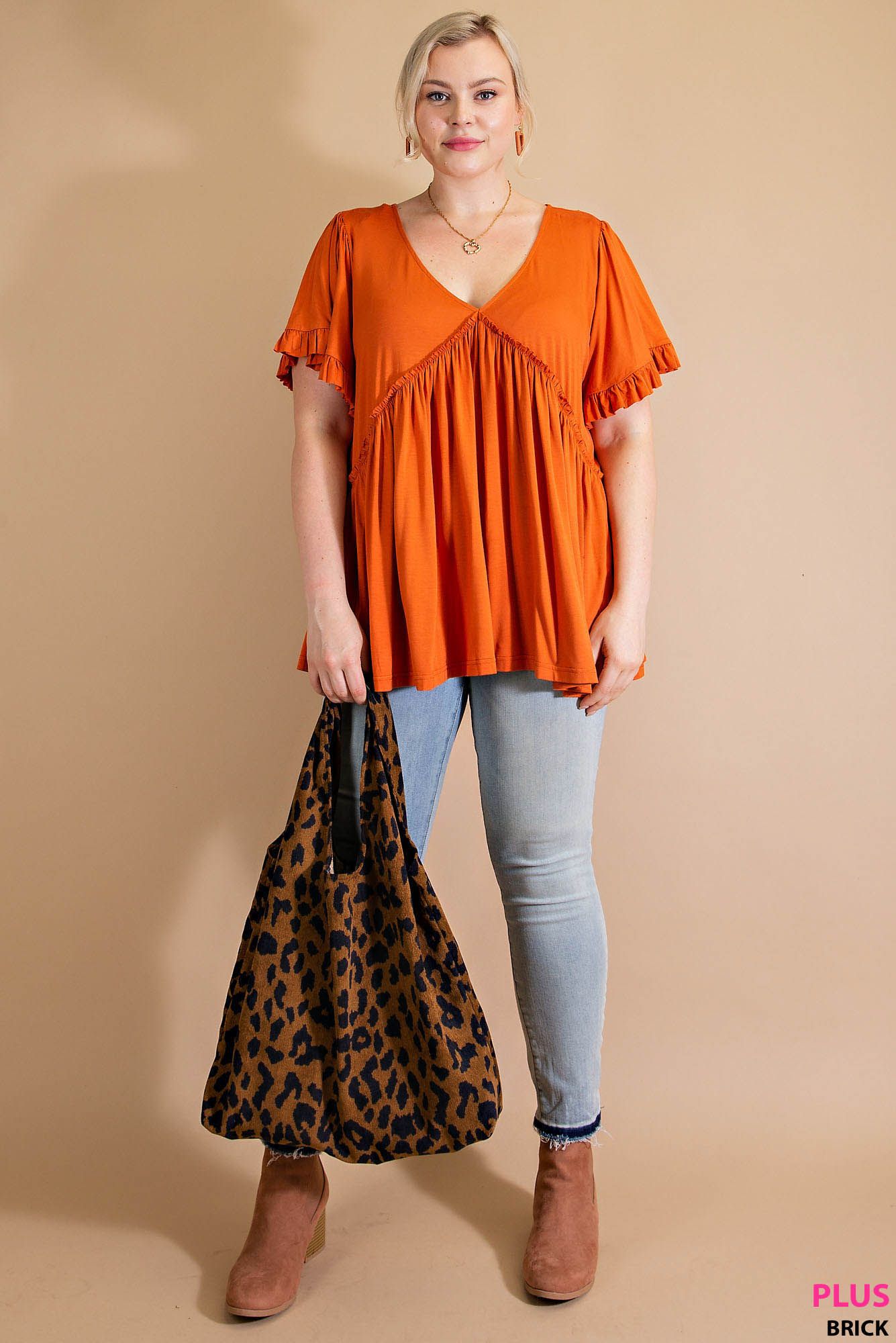 BELL SLEEVE WITH RUFFLE JERSEY TOP- PLUS SIZE